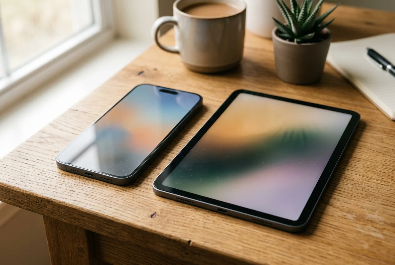 Ένα κινητό και ένα tablet δίπλα δίπλα σε ξύλινο τραπέζι, με διακριτικές χρωματικές διαβαθμίσεις στις οθόνες τους.
